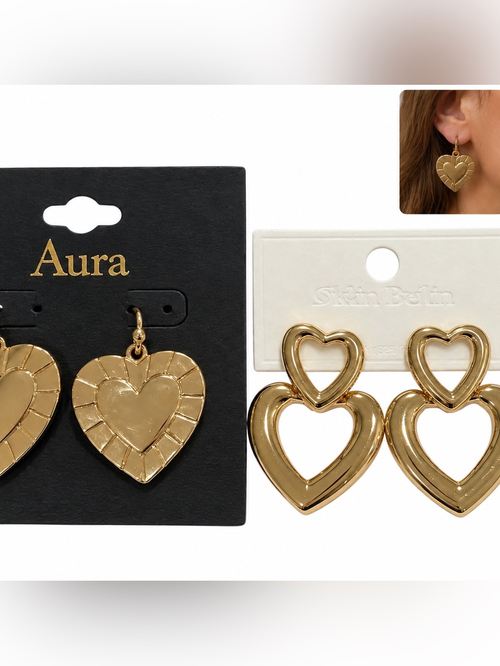 2 pair Aura Gold Heart Drop Earrings stainless steel dangle cute statement gift